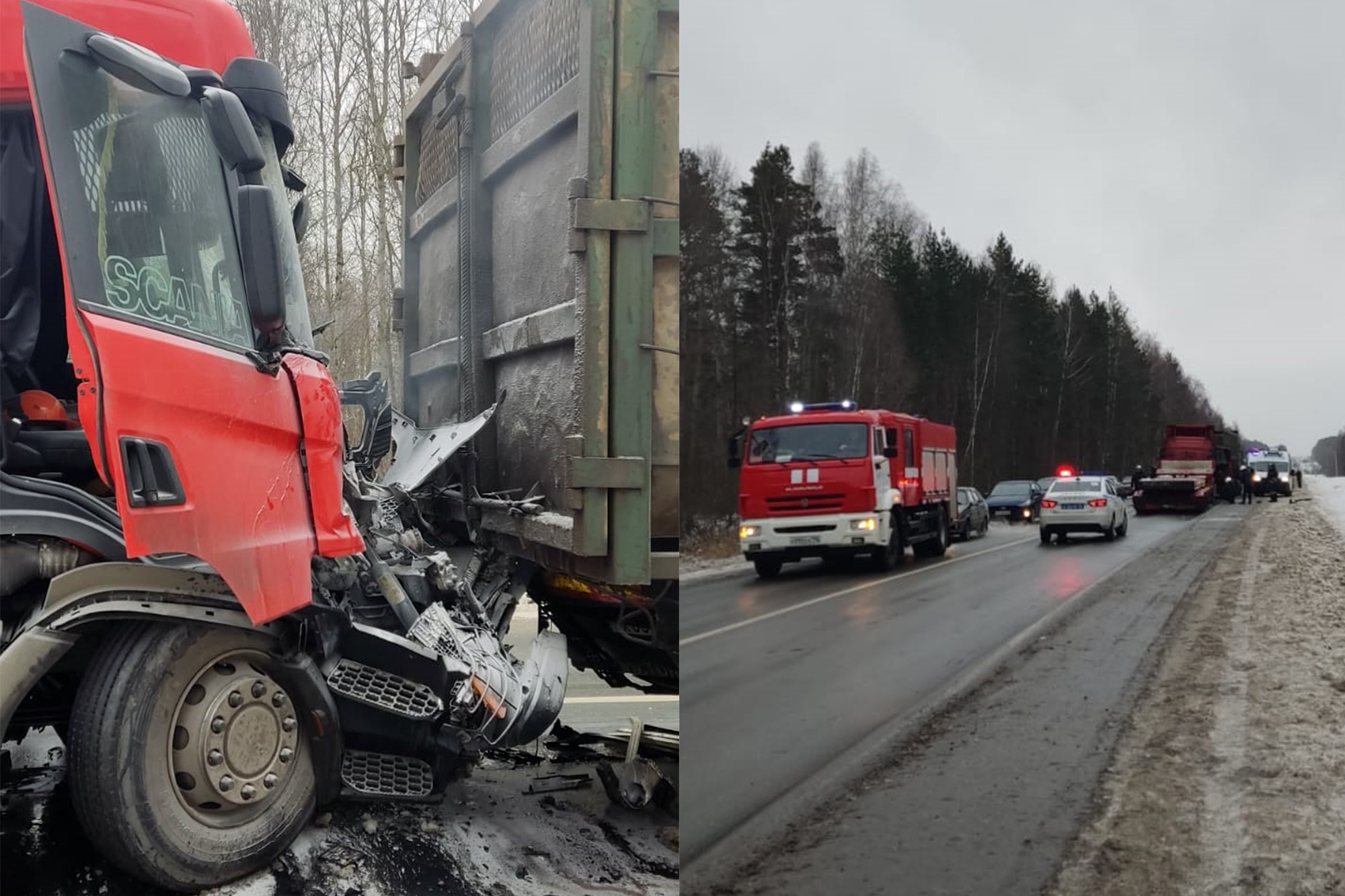 Трал догнал ломовоз на скользкой дороге